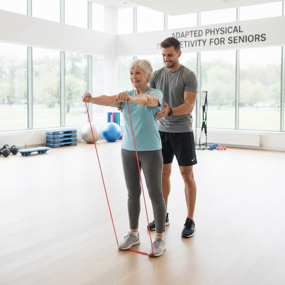 Coach accompagnant une personne âgée lors d'un exercice
